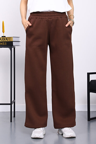 İmajButik Brown Elastic Waist Fleece-Lined Fleece-Lined Three Thread Trousers