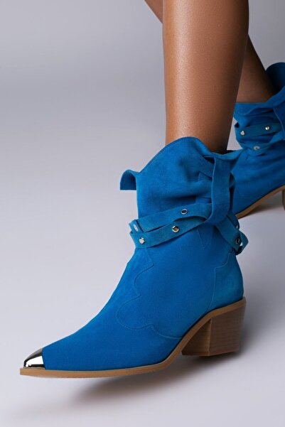 Vanilla Days Emira Suede Ankle Boots in Blue with Silver Accents and Beige Sole
