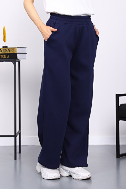 İmajButik Navy Blue Elastic Waist Fleece-Lined Fleece-Lined Three Thread Trousers
