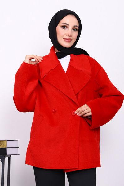 İmajButik Red Double Pocket Buttoned Cashmere Coat