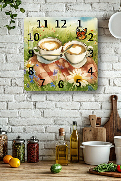 kutuTR 3D Görünümlü Temperli Cam Kare Saat – Kahve ve Kelebek Temalı UV Baskı 33x33 cm - KCS110
