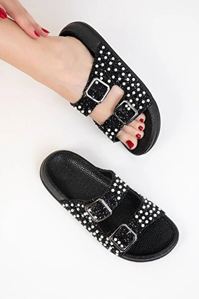 Pienn Black Slippers with Sparkling Stone and Pearl Detailed Buckle