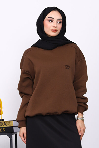 İmajButik Καφέ πουλόβερ με λαιμόκοψη με τρία νήματα