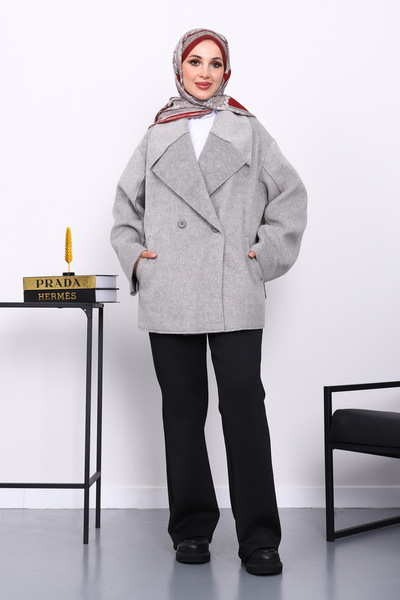 İmajButik Gray Double Pocket Buttoned Cashmere Coat