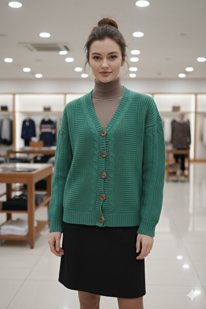 HeviStor Women's V-Neck Hair Braid Detailed Comfortable Fit Cardigan