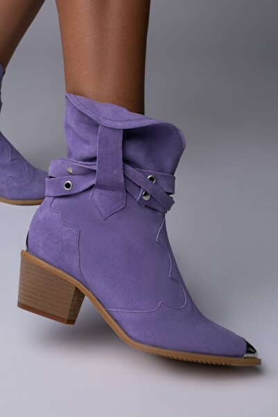 Vanilla Days Purple Suede Ankle Boots with Silver Accents and Beige Sole