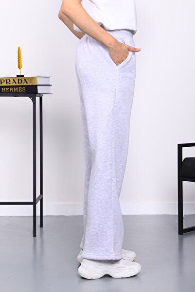 İmajButik Gray Elastic Waist Fleece-Lined Fleece-Lined Three Thread Trousers