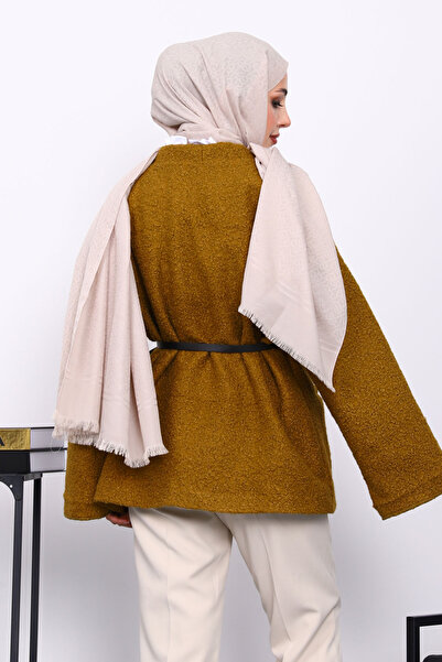 İmajButik Μπουφάν oversized Boucle με λαδί πράσινη ζώνη