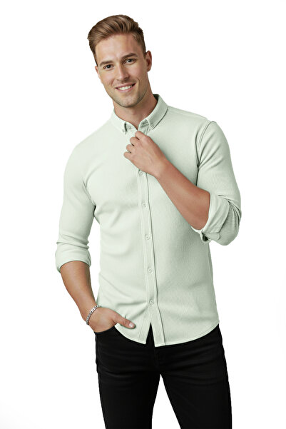 DeepSEA قميص رجالي باللون الأخضر النعناعي قصة ضيقة قماش مجدّل – قماش قابل للتمدد نسيج مرن موديل أنيق 2500805