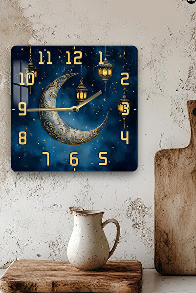 kutuTR 3D Looking Tempered Glass Square Clock – Crescent and Lantern Themed Uv Printing 33X33 cm - Kcs126