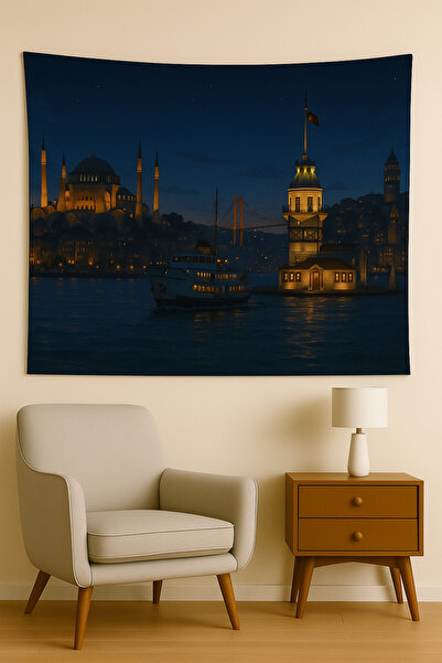 LUNA DİZAYN İSTANBUL GECE Temalı Duvar Örtüsü Ev Dekorasyon Duvar Halısı Örtüsü