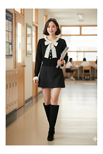 Namaste Vintage Black Color Collar with Ruffle Detail, Tie-Up Heart Button Knitwear Short Cardigan