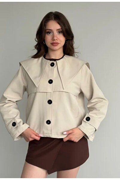 KOFORKUSİ GENİŞ BEBE YAKA GABARDİN CROP TRENÇKOT