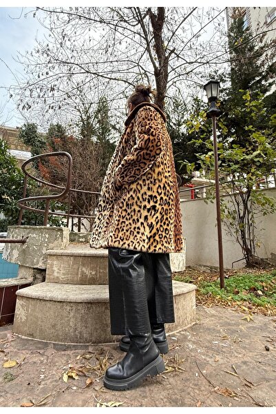 Retrokare Leopar Desen Oversize Peluş Kaban