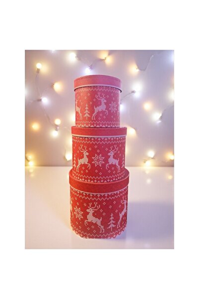 Xmas Set 3 Cutii Cadou Rotunde Crăciun „Knitted Reindeer” – Model Nordic Pulo...