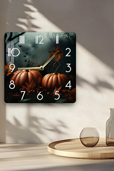 kutuTR 3D Looking Tempered Glass Square Clock – Pumpkin Fall Themed Uv Printing 33X33 cm - Kcs120