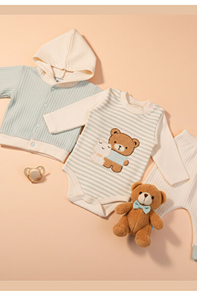 Tuabella 100% Cotton Hooded Men's 3-Piece Baby Set (Cardigan + Snap Fastener Bodysuit + Bottoms)