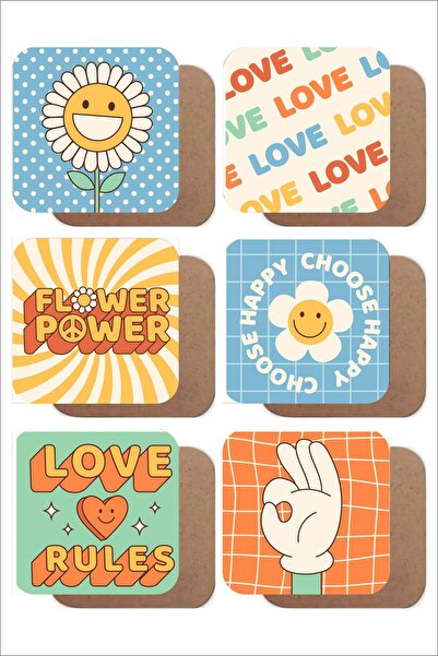 UNT Retro Flowers Themed Set of 6 Wooden Coasters