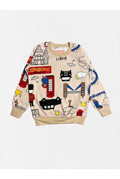 Fil Kids Boys' 100% Cotton Beige Color London Patterned Long Sleeve Fleece-Lined Winter Pajamas Set