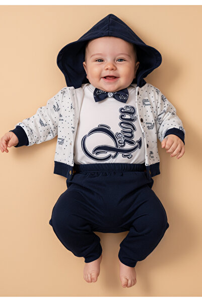 Tuabella 100% Cotton Hooded Men's 3-Piece Baby Set (Cardigan + Snap Fastener Bodysuit + Bottoms)