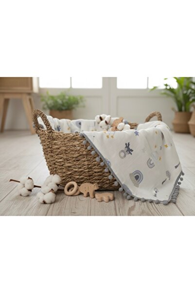 Ponchik بطانية من القطن 100% مزدوجة الجوانب من الموسلين مع كرات البوم بوم - 8...