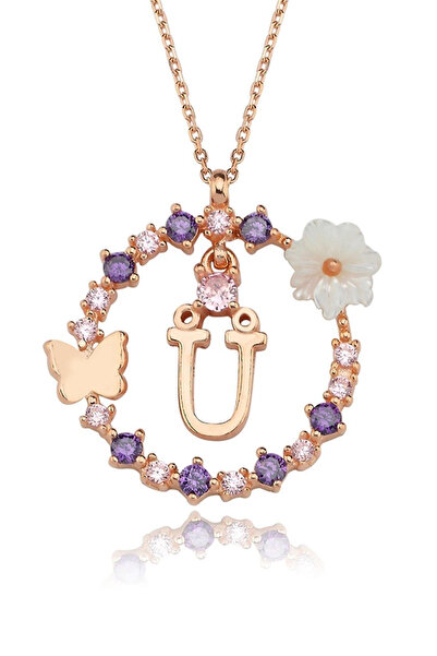 Eva Jewelry U Harf Sallantılı Manolya Çiçeği 14K Rose Altın Kaplama Kadın Kolye
