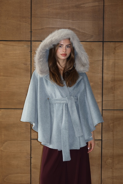 BY SE'MAS WEAR Yün Kaşe Kumaş Kürk Kapşonlu Panço