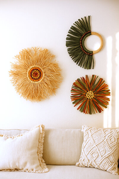 Marena Home Duvar Süsü Seti 3’lü – Bohem Dekoratif Hasır Duvar Aksesuarı, Doğal Rattan, Ev ve Ofis Dekorasyonu