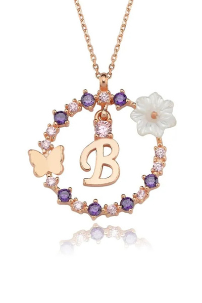 Eva Jewelry B Harf Sallantılı Manolya Çiçeği 14K Rose Altın Kaplama Kadın Kolye