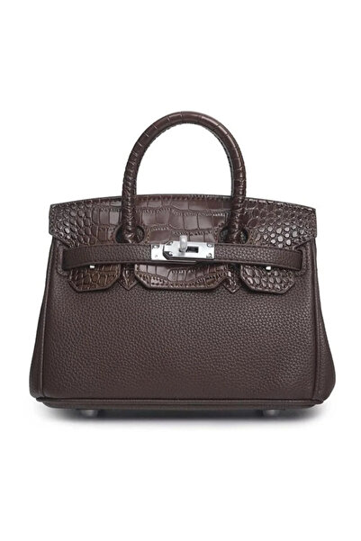 China شنطة يد وكتف هاف كروك بني غامق قفل فضي مقاس 25