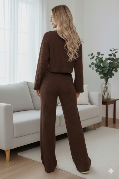 LEONE KOLEKSİYON Brown Corded Fabric Knitted Fabric Crop Top & Wide Leg Pants Set