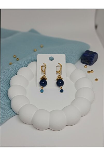 Tasarım Kadın Doğal Akik Taşı Küpe – Lacivert Doğal Taş, Altın Renkli Şık Model