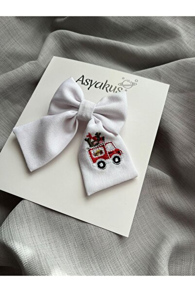 asyakuş Christmas Themed Red Truck Embroidered White Bow Children's Buckle