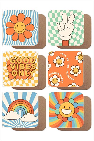 UNT مجموعة من 6 قواعد أكواب خشبية بتصميم زهور عتيقة