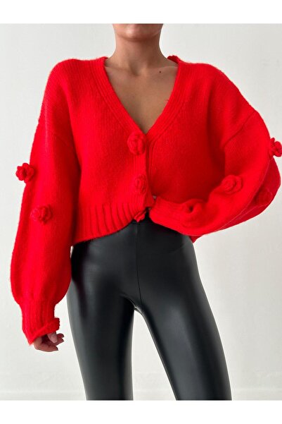 yeditepe fashion El Knitted Elite Knitwear Cardigan with Rose Detail and Snap Fasteners