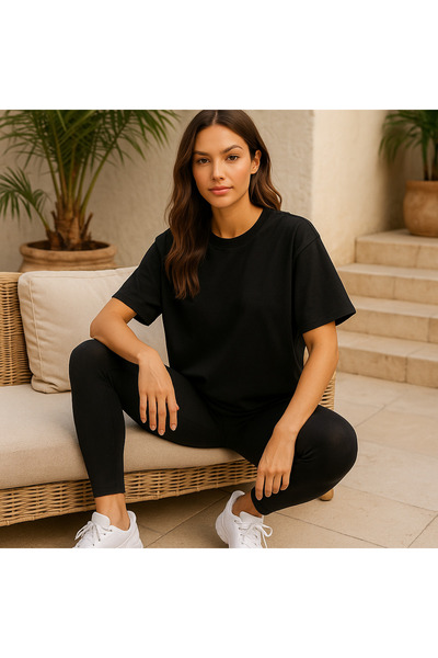 SVART WEAR Leggings Tshirt Combination Women Black Shiny Leggings High Waist Shaping / Sculpting + Oversized Tshirt 100% Cotton Set