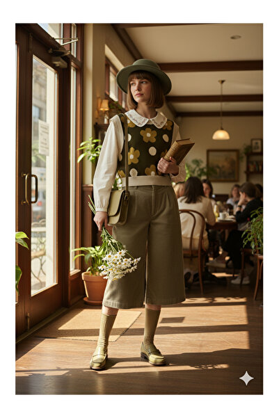 Namaste Vintage Khaki Color Daisy Patterned Vintage Model Sweater