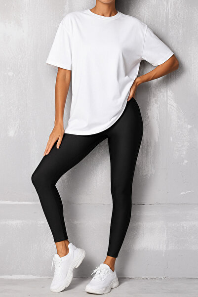 SVART WEAR Leggings Tshirt Combination Women Black Shiny Leggings High Waist Shaping / Sculpting + Oversized Tshirt 100% Cotton Set