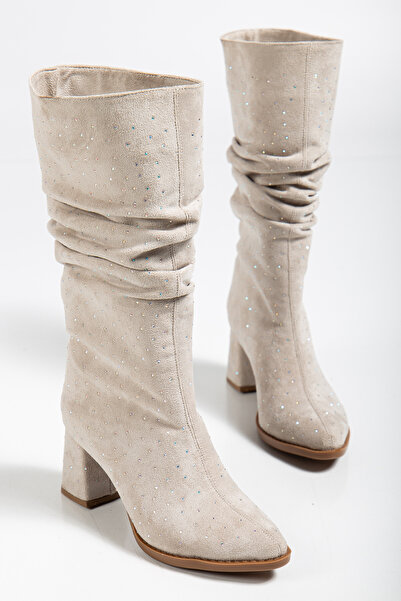 Mc vay Shoes Elora Suede Stone Printed Bellows Stylish Women's Heeled Boots