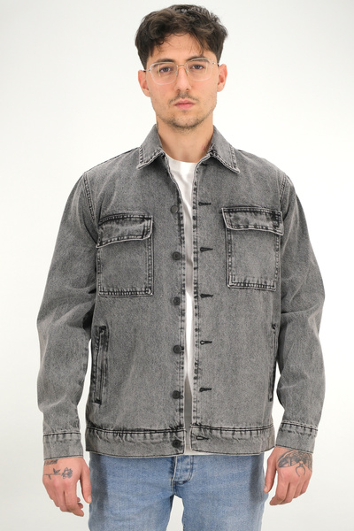 Souris Men's Smoked Washed Denim Jacket Shirt Collar Flap Double Pocket