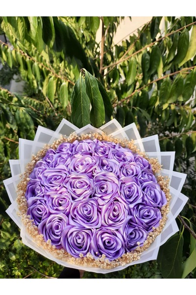 BUKET DÜNYASI 30 Lu Led Işıklı - KENAR SÜSLÜ - Solmayan Gül Buketi Lila Gül D...