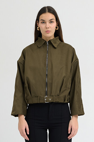 MANMARK سترة نسائية من جلد الغزال قصة فضفاضة بسحاب وحزام قابل للتعديل |   ملا...