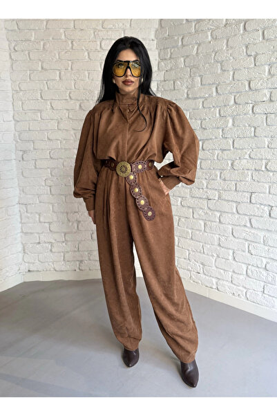 moneta boutique Women's Vintage Suede Balloon Sleeve Shirt and Baggy Pants Set