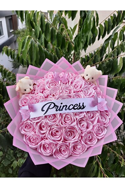 BUKET DÜNYASI 41 Li Led Işıklı Solmayan Gül Buketi Pembe Gül Dışı PEMBE - ŞERİT YAZILI - KELEBEKLİ - AYICIKLI
