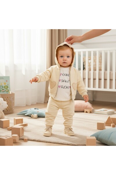 SeaBubbles Heart Embroidered Cardigan Winter Baby Girl Tracksuit Set 3 Piece Set