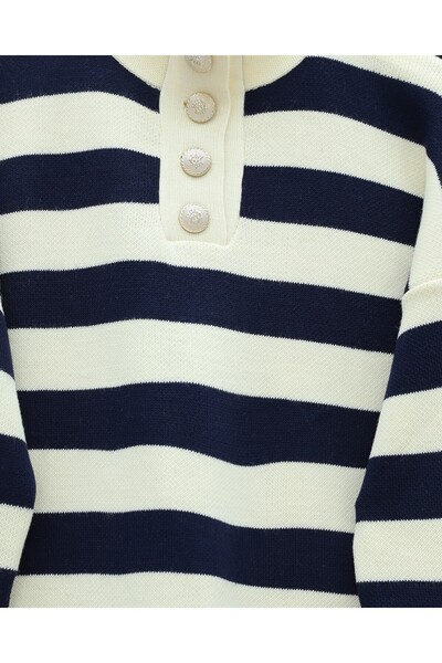 Modamorfo Half Turtleneck Buttoned Thick Striped Knitwear Set - Navy
