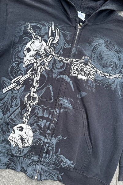 Köstebek Black Gallows Skulls Y2K Mma Cyber Grunge Hooded Sweatshirt