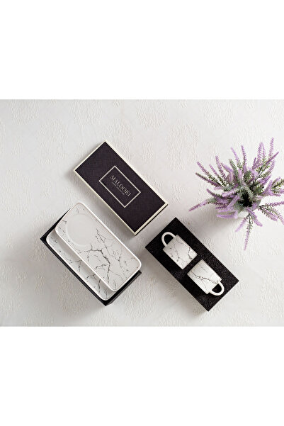 Malooki Set of 2 Coffee cups with saucers, white with golden marble design, 200 ml