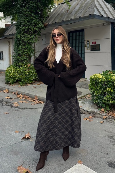 Laluvia Acı Kahve 100% Cotton Belted Knit Cardigan - 4627