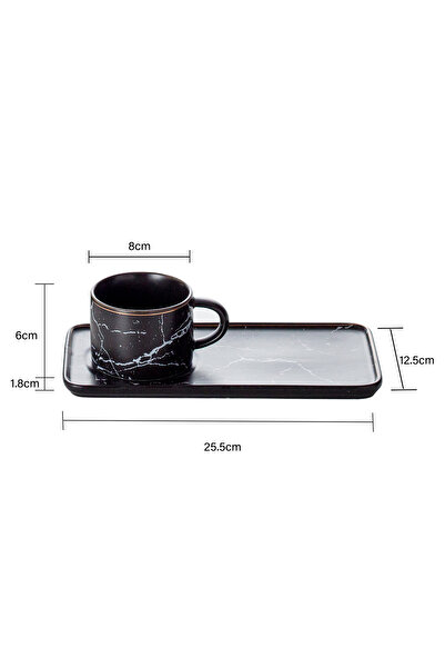 Malooki Set of 6 black Coffee cups with rectangular saucers, marble design, 200 ml